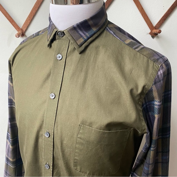 Givenchy Paris Plaid Sleeve Designer Button Up Olive Green Shirt Medium - Picture 10 of 16